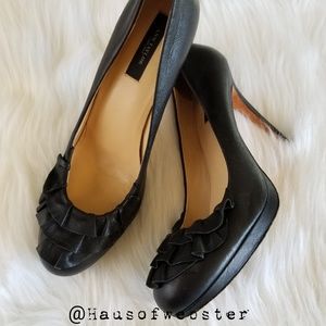 [Ann Taylor] black leather ruffle round toe heels